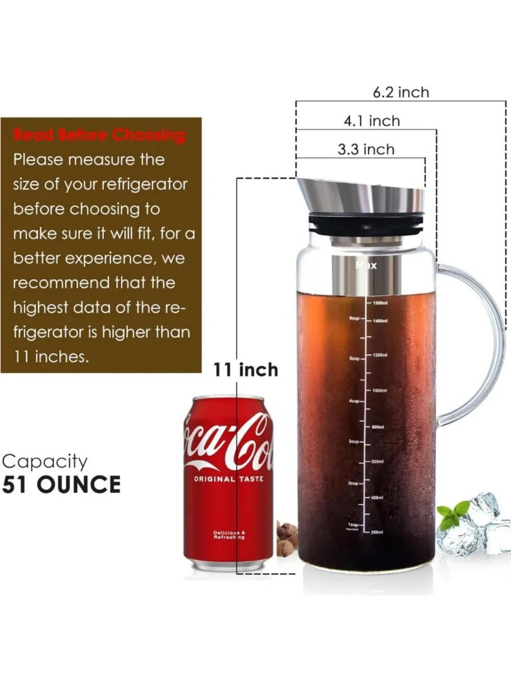 51oz Cold Brew Coffee Maker & Iced Tea Pitcher - Borosilicate Glass, Durable
